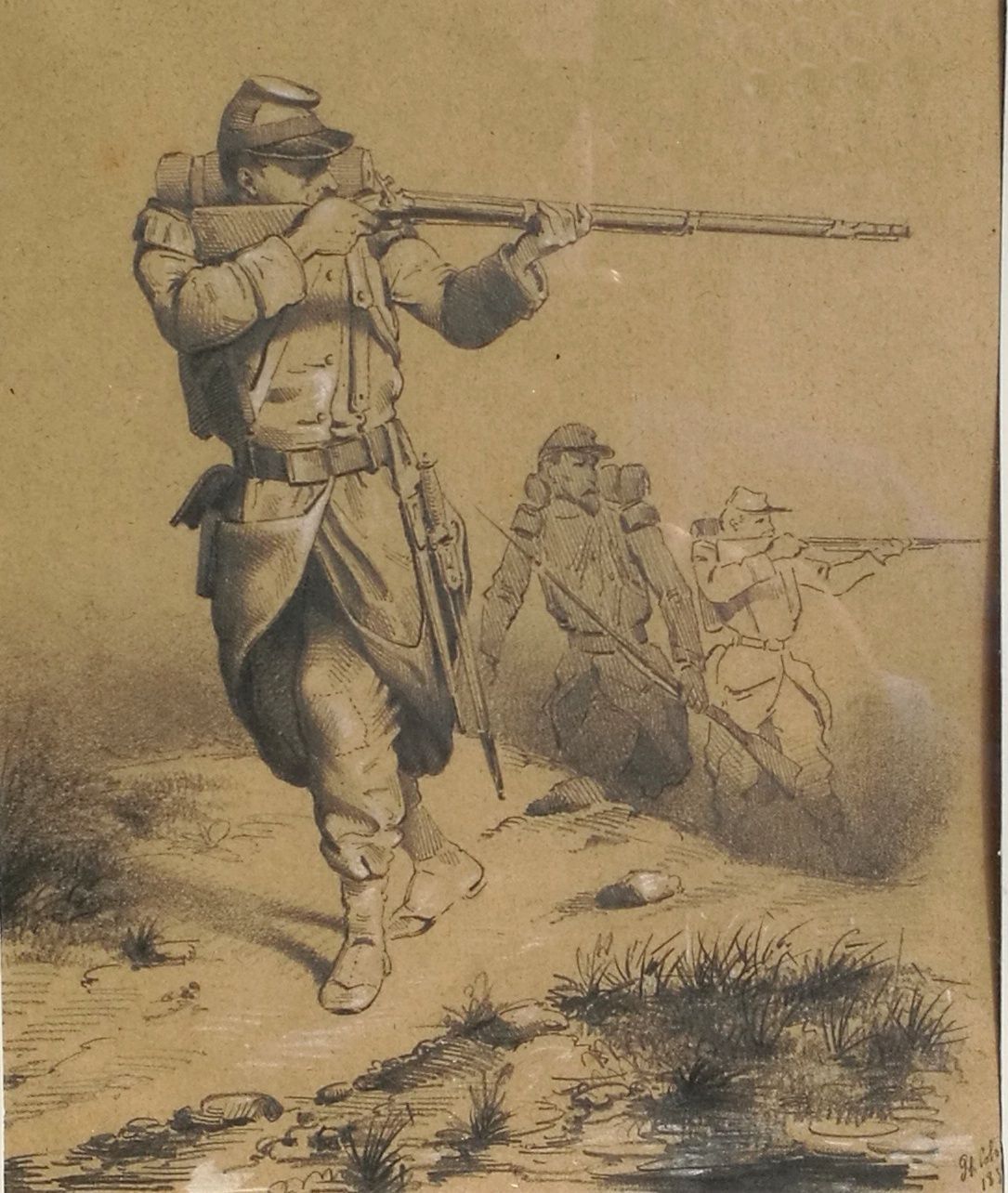 Militare con fucile con sfondo di guerra.cm.17.5 x 20.7